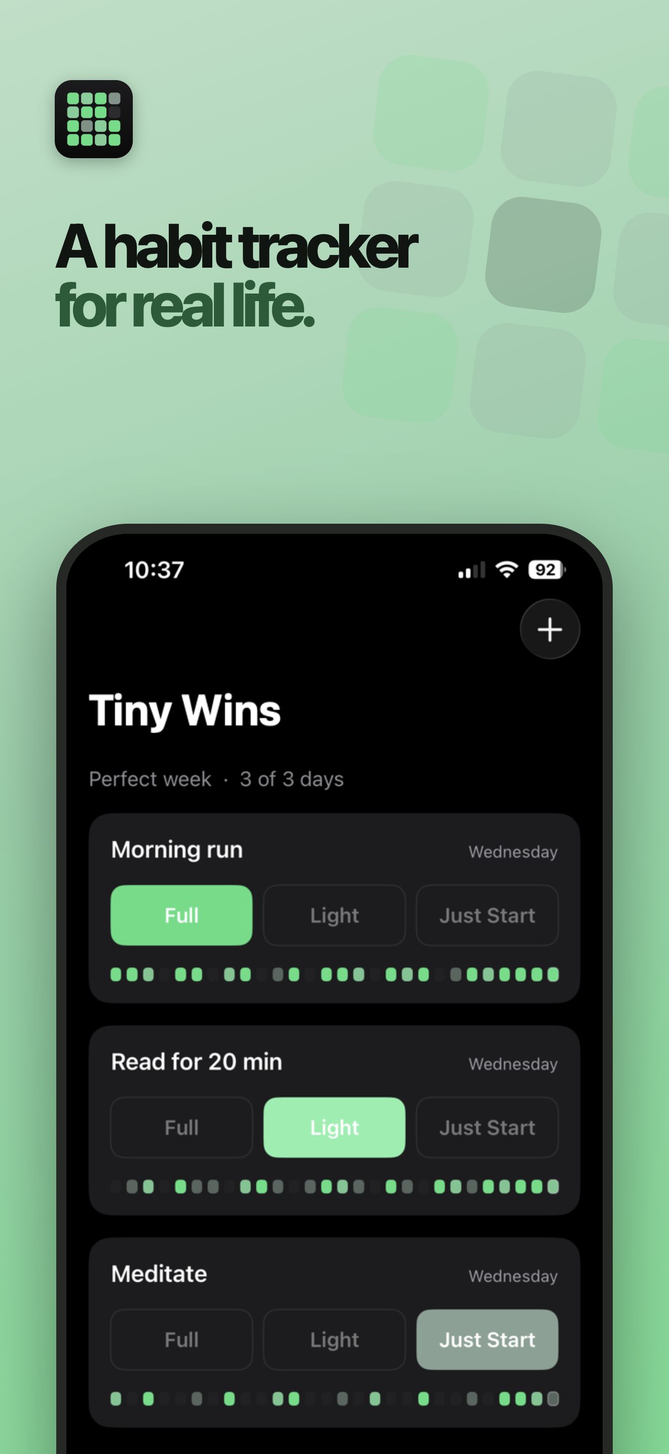 Tiny Wins app screenshot introducing the habit tracker