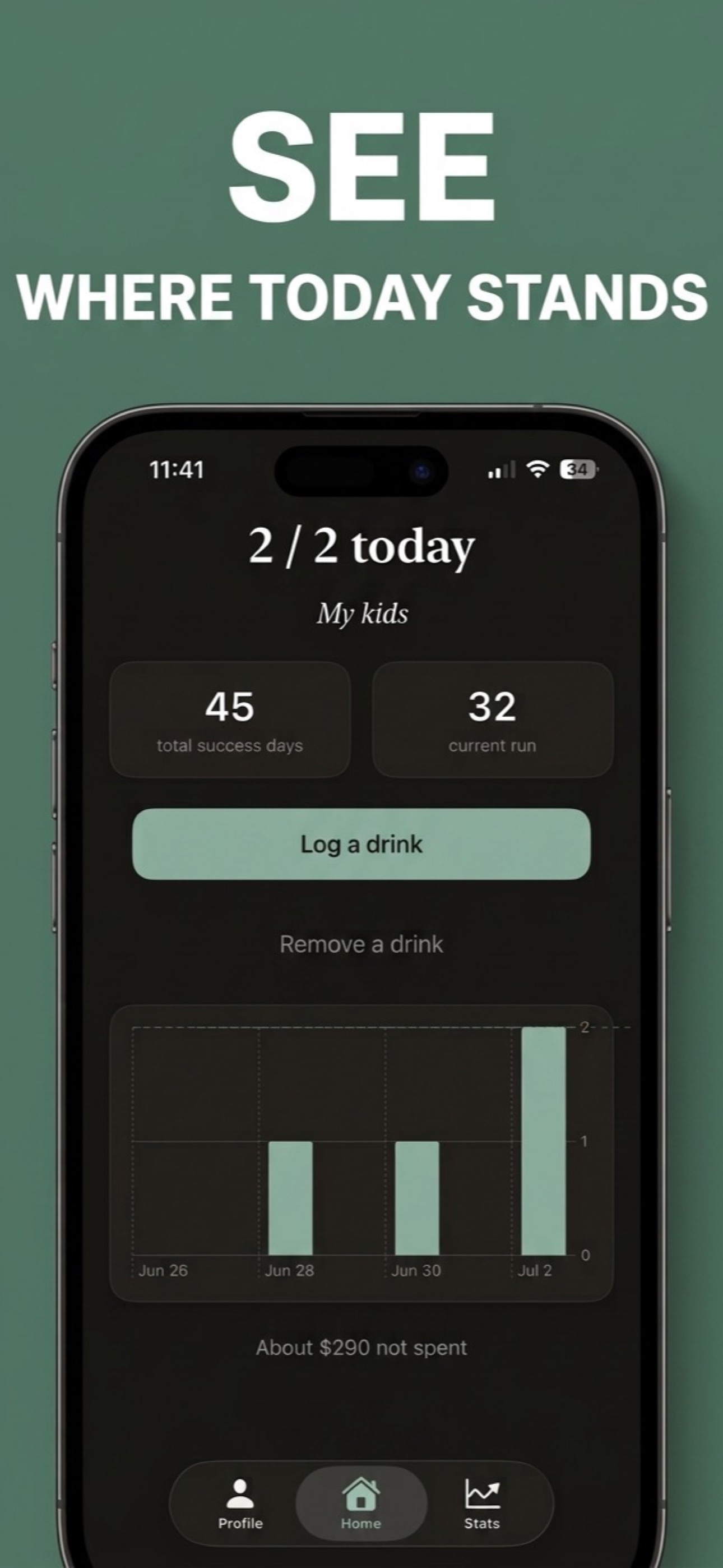 Cutback screenshot showing where today's drink count stands