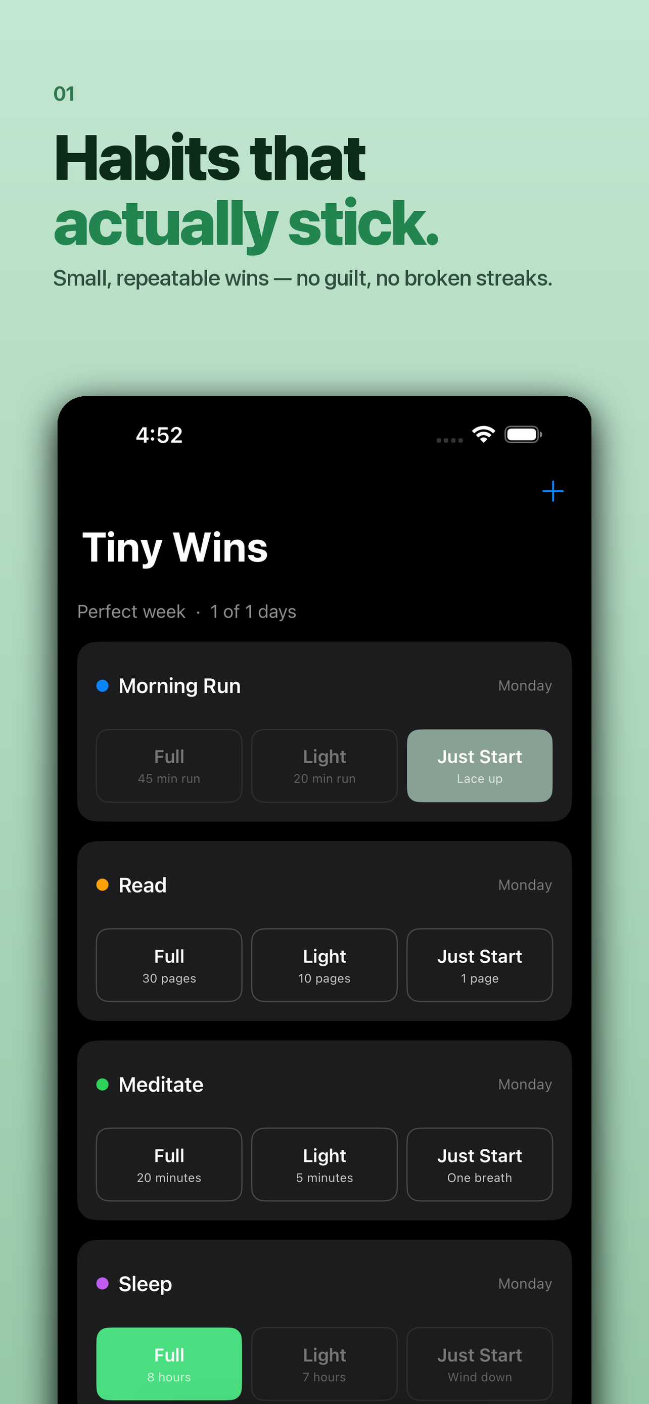 Tiny Wins Today screen shown in full