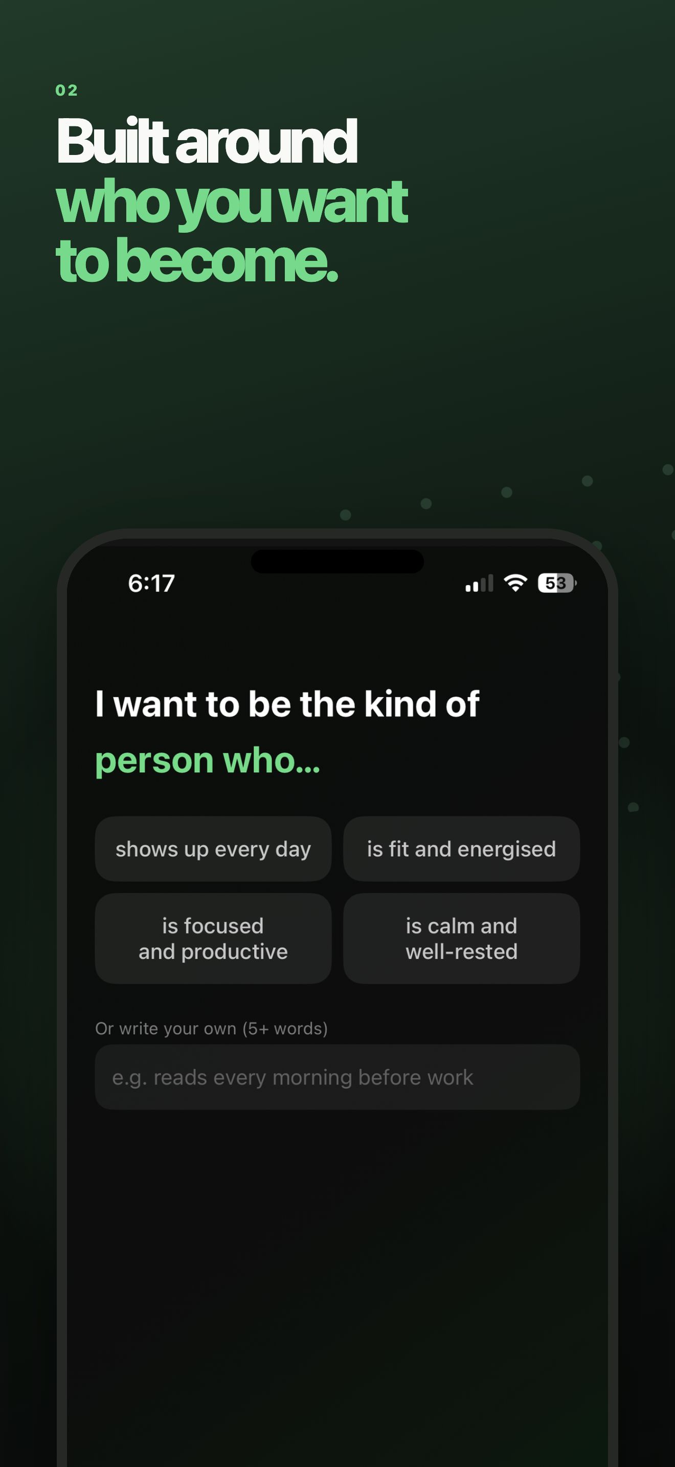 Tiny Wins app screenshot showing AI habit setup