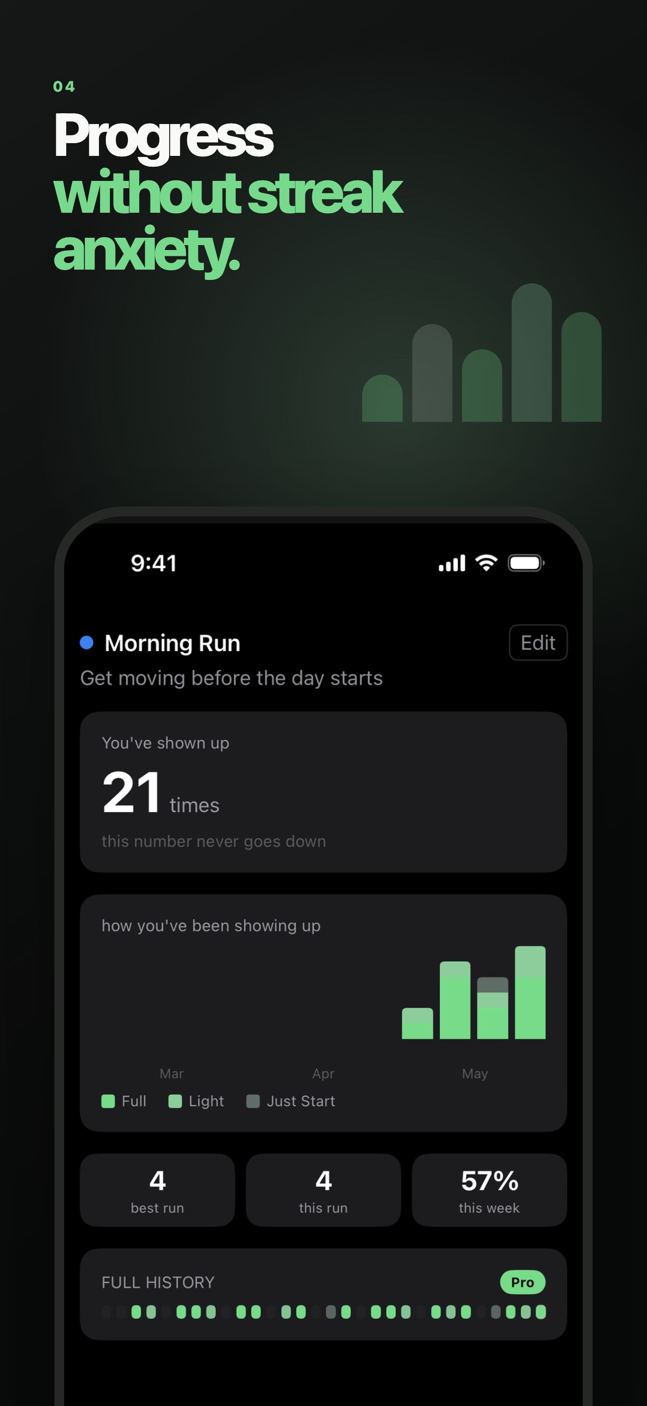 Tiny Wins app screenshot explaining no streak pressure