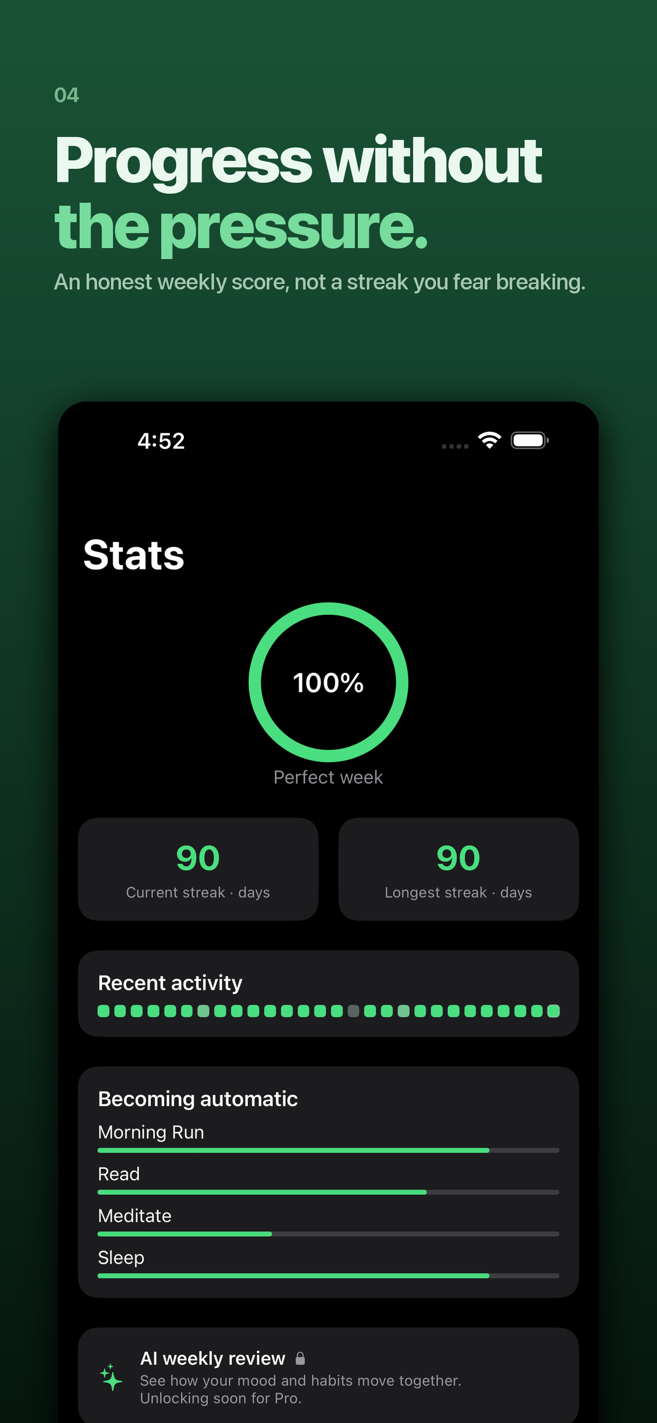 Tiny Wins stats screen shown in full