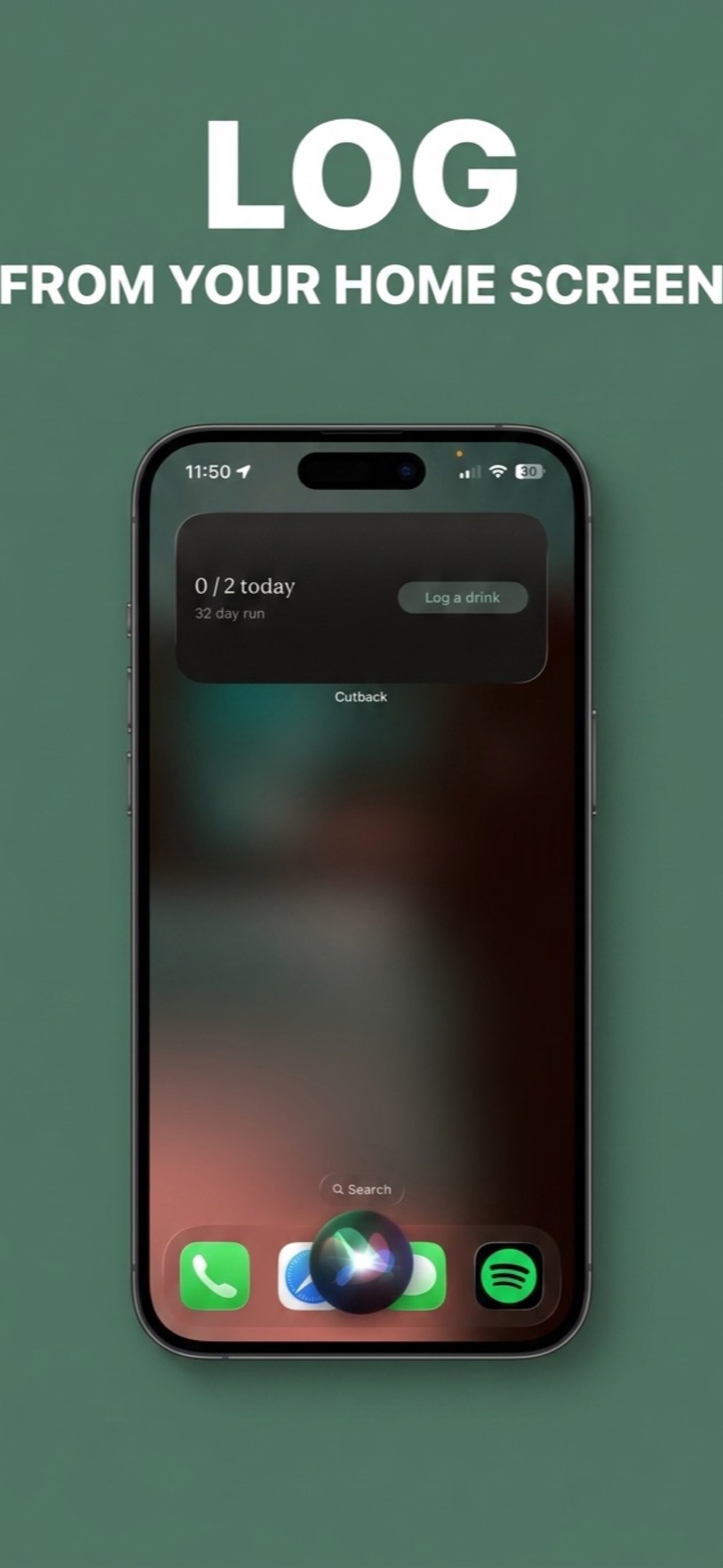 Cutback screenshot showing widget logging from the home screen