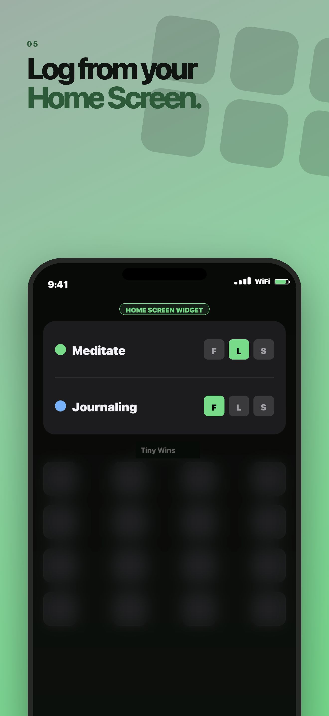 Tiny Wins app screenshot showing quick habit logging