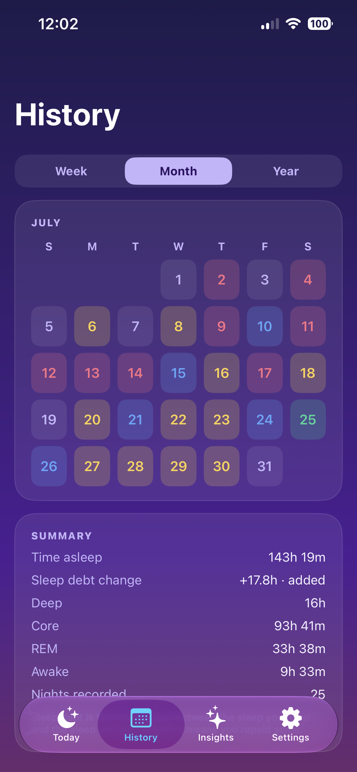 Moonrise monthly History calendar with sleep score colors and summary