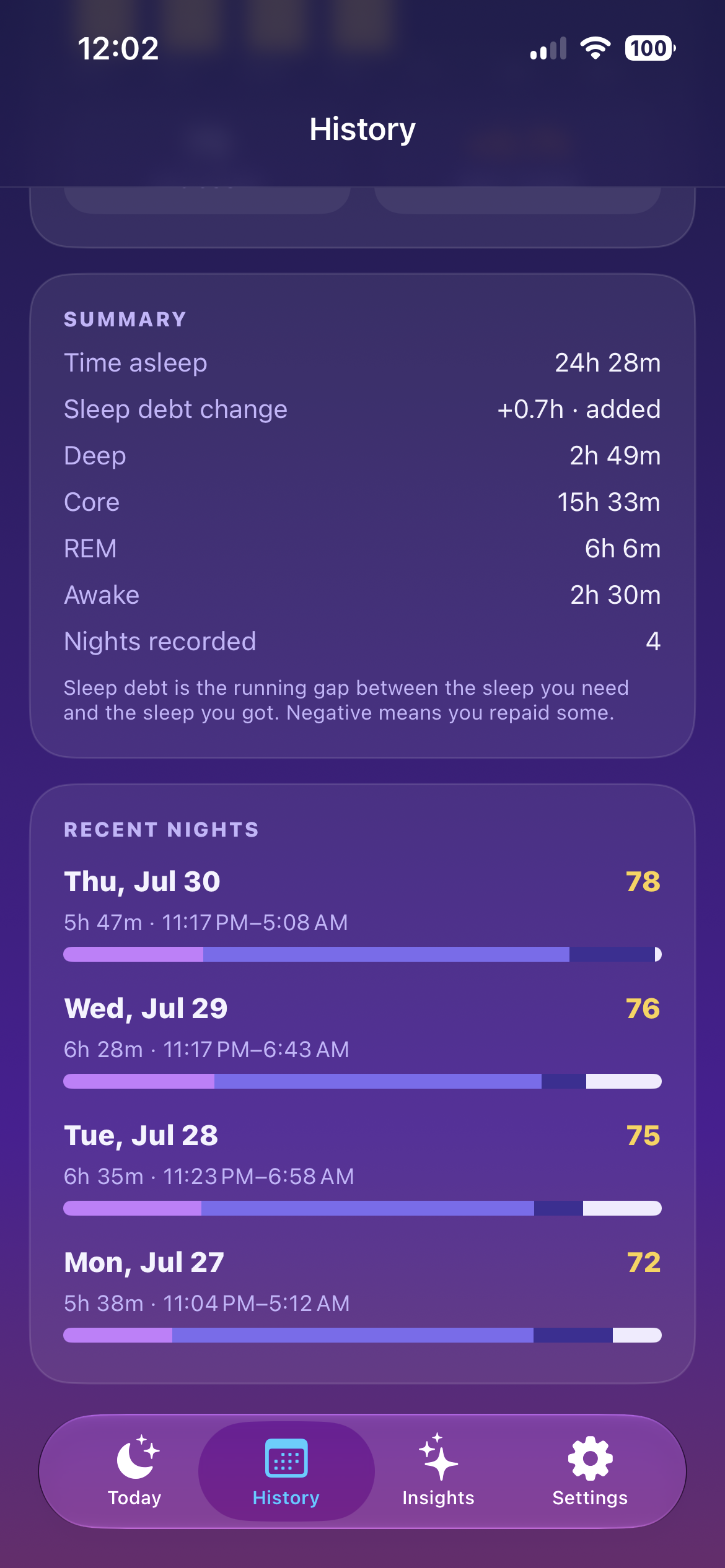 Moonrise History screen with recent nights and sleep summaries
