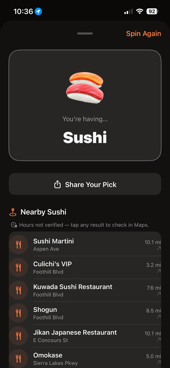 Picky Eater result screen landing on sushi