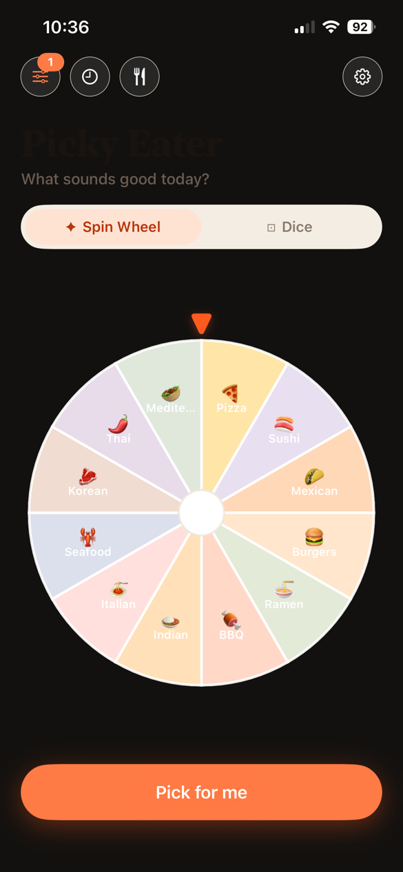 Picky Eater spin wheel screen