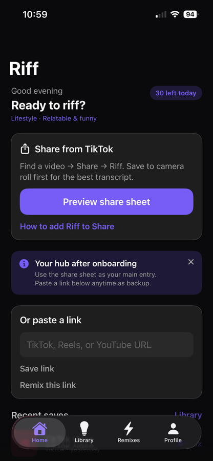 Riff home screen shown in full