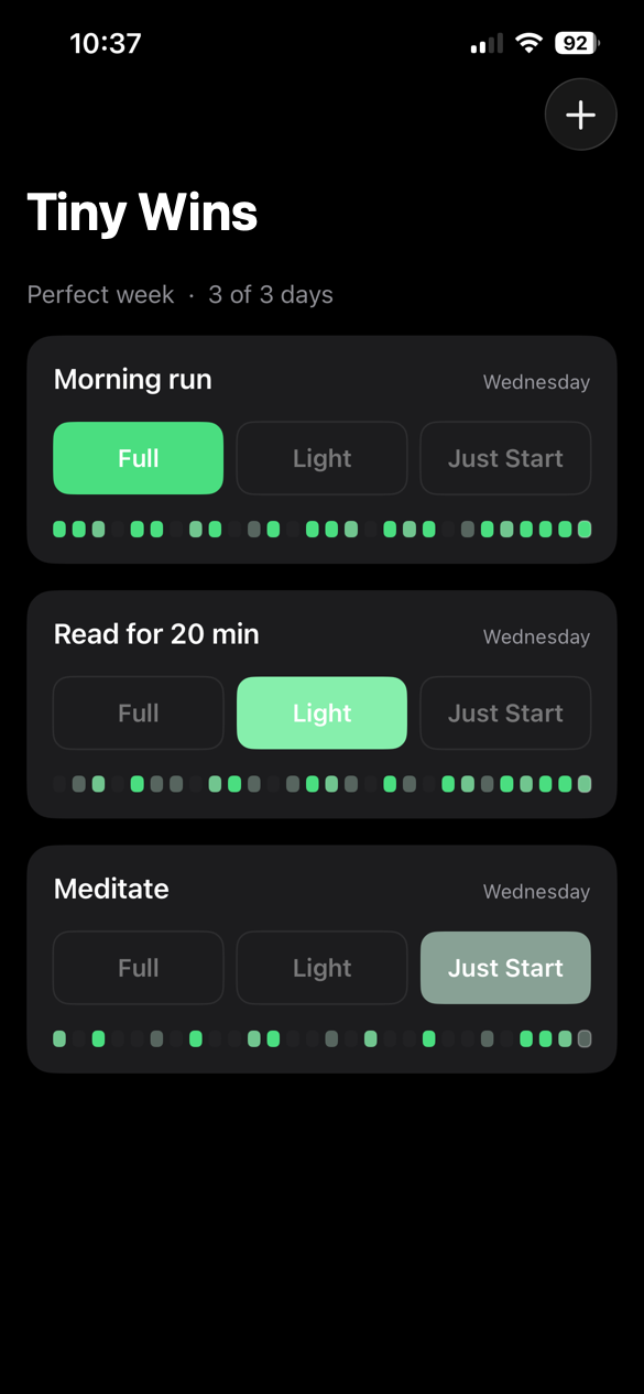 Tiny Wins app home screen showing flexible habit progress