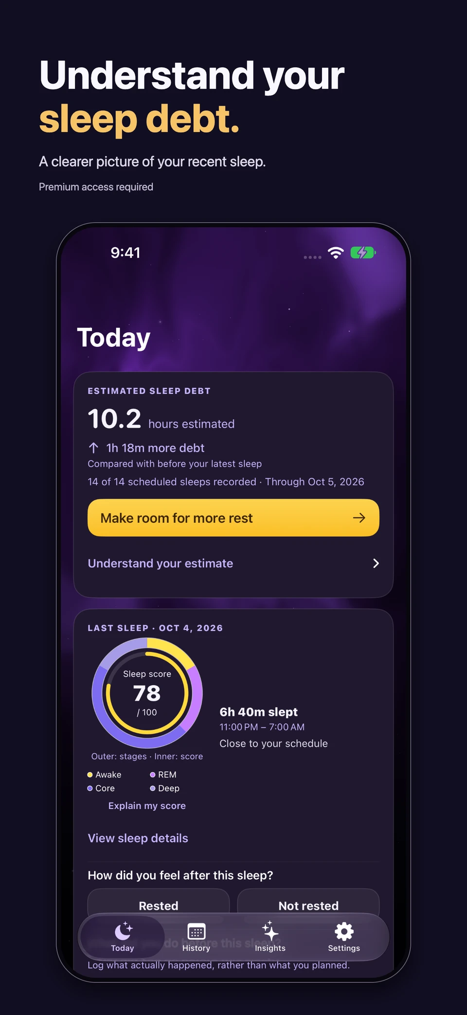 Understand your sleep debt: Moonrise Today with estimated debt, recorded-night coverage and last sleep